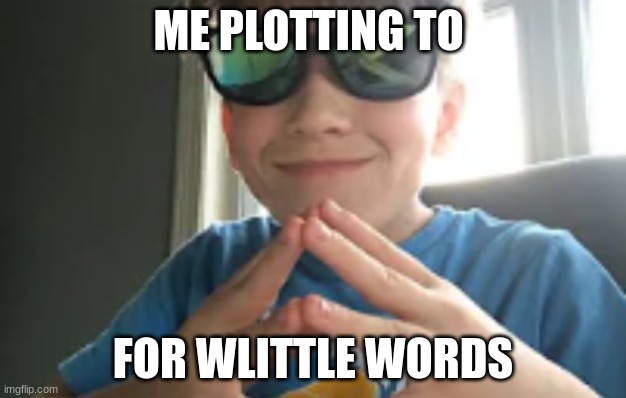 Sinister Kid | ME PLOTTING TO; FOR WLITTLE WORDS | image tagged in sinister kid | made w/ Imgflip meme maker