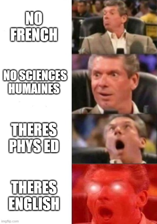 Mr. McMahon reaction | NO FRENCH; NO SCIENCES HUMAINES; THERES PHYS ED; THERES ENGLISH | image tagged in mr mcmahon reaction | made w/ Imgflip meme maker