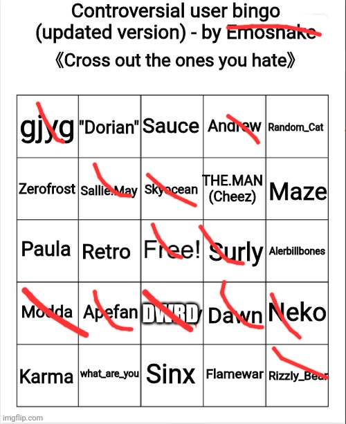 Controversial user bingo (updated version) - by Emosnake | DWRD | image tagged in controversial user bingo updated version - by emosnake | made w/ Imgflip meme maker