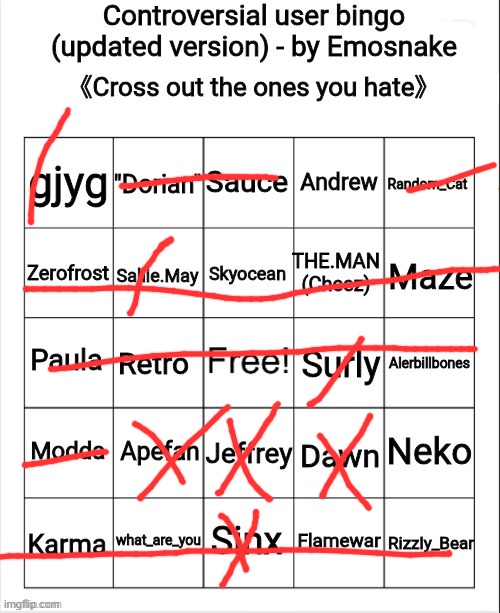 Controversial user bingo (updated version) - by Emosnake | image tagged in controversial user bingo updated version - by emosnake | made w/ Imgflip meme maker