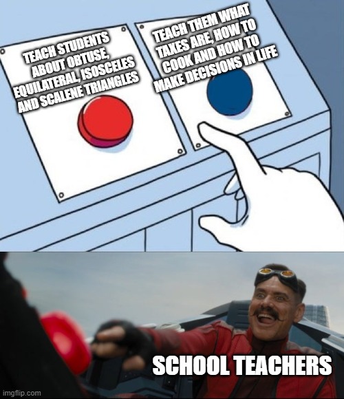 Robotnik Button | TEACH THEM WHAT TAXES ARE, HOW TO COOK AND HOW TO MAKE DECISIONS IN LIFE; TEACH STUDENTS ABOUT OBTUSE, EQUILATERAL, ISOSCELES AND SCALENE TRIANGLES; SCHOOL TEACHERS | image tagged in robotnik button | made w/ Imgflip meme maker