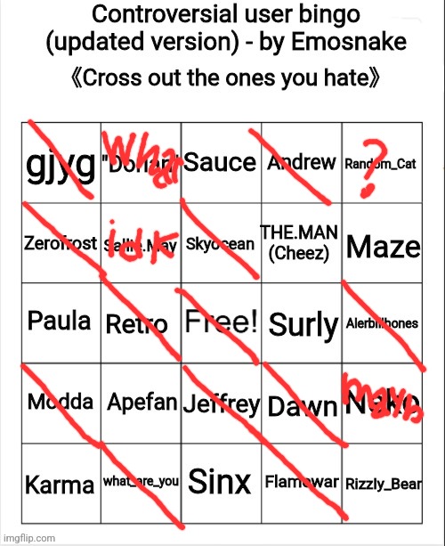 Controversial user bingo (updated version) - by Emosnake | image tagged in controversial user bingo updated version - by emosnake | made w/ Imgflip meme maker