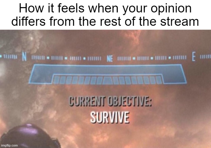 sometimes the stream just becomes a total hivemind and rides on the hate train instead of considering others | How it feels when your opinion differs from the rest of the stream | image tagged in current objective survive,halo,opinion,free speech,matrix,memes | made w/ Imgflip meme maker