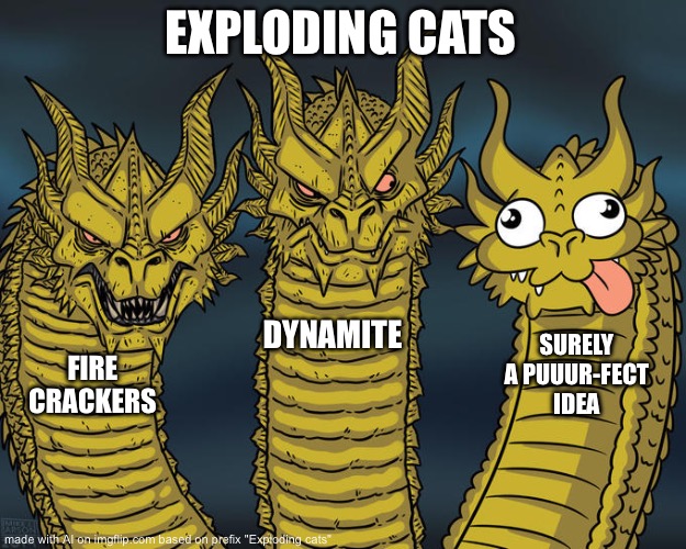 Booooooooooooooooooooooooooom | EXPLODING CATS; DYNAMITE; SURELY A PUUUR-FECT IDEA; FIRE CRACKERS | image tagged in three-headed dragon | made w/ Imgflip meme maker