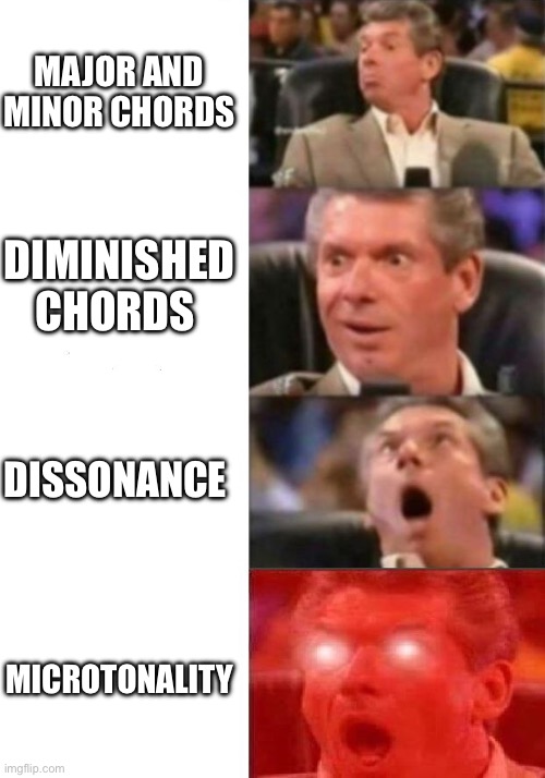 who else loves microtonality | MAJOR AND MINOR CHORDS; DIMINISHED CHORDS; DISSONANCE; MICROTONALITY | image tagged in mr mcmahon reaction,music theory,microtones,hell yeah,music | made w/ Imgflip meme maker