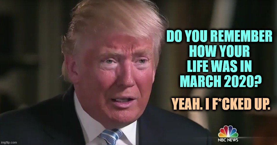 Everybody's asking the question. Here's the only honest answer. | DO YOU REMEMBER 
HOW YOUR 
LIFE WAS IN 
MARCH 2020? YEAH. I F*CKED UP. | image tagged in trump dilated tearful sad,trump,foul,incompetence,2020 | made w/ Imgflip meme maker