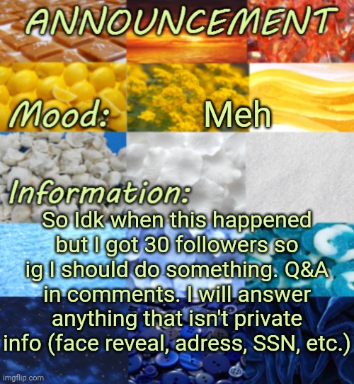 MEH AROACE TEMP REAL ;v; | Meh; So Idk when this happened but I got 30 followers so ig I should do something. Q&A in comments. I will answer anything that isn't private info (face reveal, adress, SSN, etc.) | image tagged in meh aroace temp real v | made w/ Imgflip meme maker