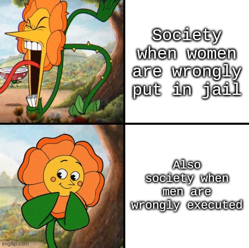 y'all didn't seem to like my other meme that got front page so have an original one ig | Society when women are wrongly put in jail; Also society when men are wrongly executed | image tagged in angry flower,nuclear war | made w/ Imgflip meme maker