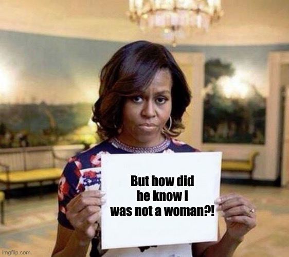 Michelle Obama blank sheet | But how did he know I was not a woman?! | image tagged in michelle obama blank sheet | made w/ Imgflip meme maker