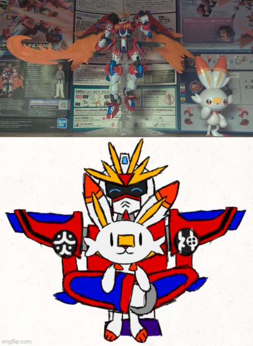 Shin burning Gundam holding scorbunny because they're next to each other on my shelf | made w/ Imgflip meme maker