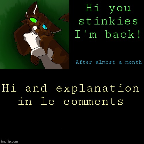 No this is not an April fools, hiya chaos potatos | Hi you stinkies I'm back! Hi and explanation in le comments; After almost a month | image tagged in wispy temp | made w/ Imgflip meme maker