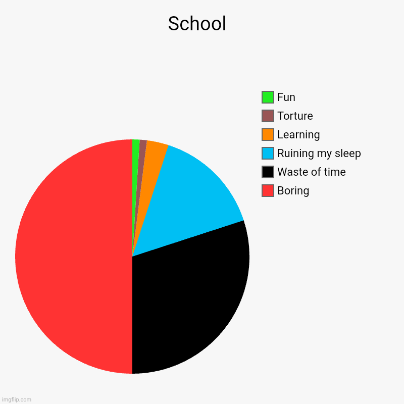 What is school | School  | Boring , Waste of time, Ruining my sleep, Learning, Torture, Fun | image tagged in charts,pie charts | made w/ Imgflip chart maker