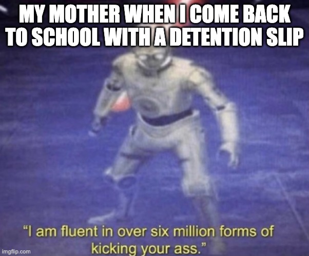I am fluent in over six million forms of kicking your ass | MY MOTHER WHEN I COME BACK TO SCHOOL WITH A DETENTION SLIP | image tagged in i am fluent in over six million forms of kicking your ass | made w/ Imgflip meme maker