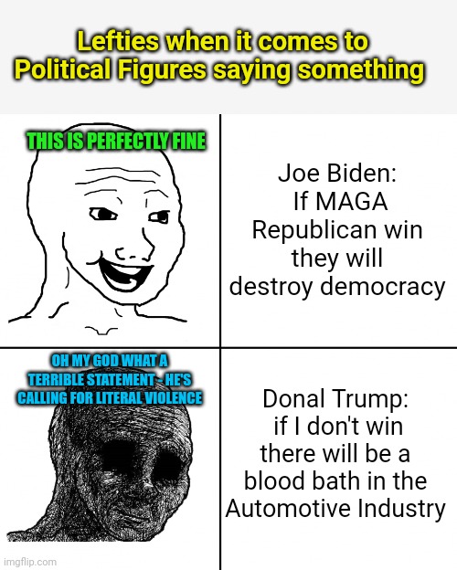 Happy Wojak vs Depressed Wojak | Lefties when it comes to Political Figures saying something; THIS IS PERFECTLY FINE; Joe Biden:  If MAGA Republican win they will destroy democracy; OH MY GOD WHAT A TERRIBLE STATEMENT - HE'S CALLING FOR LITERAL VIOLENCE; Donal Trump:  if I don't win there will be a blood bath in the Automotive Industry | image tagged in happy wojak vs depressed wojak | made w/ Imgflip meme maker