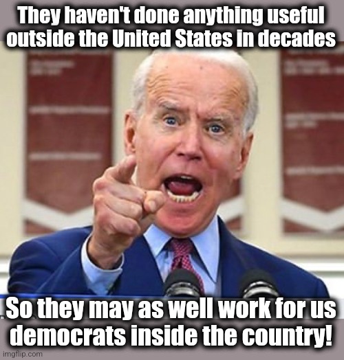 Joe Biden no malarkey | They haven't done anything useful outside the United States in decades So they may as well work for us
democrats inside the country! | image tagged in joe biden no malarkey | made w/ Imgflip meme maker