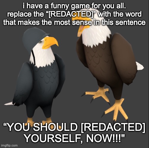 tf2 eagles | i have a funny game for you all. replace the “[REDACTED]” with the word that makes the most sense in this sentence; “YOU SHOULD [REDACTED] YOURSELF, NOW!!!" | image tagged in tf2 eagles | made w/ Imgflip meme maker