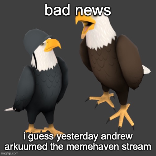 tf2 eagles | bad news; i guess yesterday andrew arkuumed the memehaven stream | image tagged in tf2 eagles | made w/ Imgflip meme maker