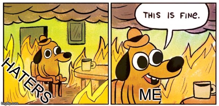 PERFECT | HATERS; ME | image tagged in memes,this is fine | made w/ Imgflip meme maker