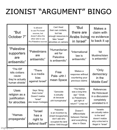 Neat little bingo to use when arguing with Zionists. Not enough space to include everything, but should be good enough | ZIONIST “ARGUMENT” BINGO; Is allowed to use Pro-Israel sources, but doesn’t allow the other side to use Pro-Palestine sources; Can’t feed their own civilians, but has enough resources to fake “Israeli” atrocities on camera; “But there are Arabs living in Israel”; Makes a claim with no evidence to back it up; “But October 7”; “Palestinians are antisemitic”; “Humanitarian aid for Palestine is antisemitic”; “Palestine supporters are antisemitic”; “All Muslims/Islam is antisemitic”; “International law is antisemitic”; “There is a media bias against Israel”; Free Pale- uhh I mean Space; Makes a response without countering your previous claims; “Only democracy in the Middle East”; “The IDF kills civilians cause they’re actually human shields”; Says “Bring them home” 
Doesn’t realize “Israel” also keeps hostages; “Genocide is actually ok because uhh homophobia”; Uses religion as a justification for atrocities; “The Nakba was a long time ago” “Great, so Palestinians get right of return?” “Lmao no”; References the Holocaust in a discussion completely unrelated to it; “Israel has a right to defend itself”; “Hamas propaganda”; Doesn’t differentiate between Hamas and everything else in Gaza; “Israelis are actually native to the land” doesn’t realize why a dna test is illegal in “Israel”; “Palestine is an invention by [insert boogeyman], don’t ask who occupied the land before 1948 though” | image tagged in blank five by five bingo grid | made w/ Imgflip meme maker