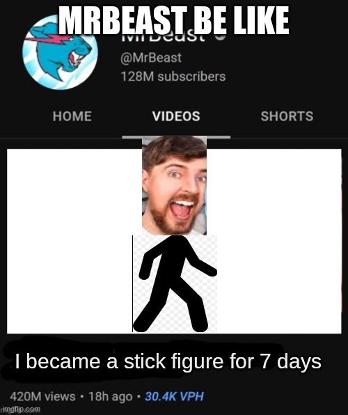 wow | MRBEAST BE LIKE; I became a stick figure for 7 days | image tagged in mrbeast thumbnail template | made w/ Imgflip meme maker