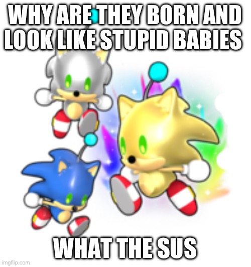 Fr so true | WHY ARE THEY BORN AND LOOK LIKE STUPID BABIES; WHAT THE SUS | image tagged in sonic speed simulator fast friends | made w/ Imgflip meme maker