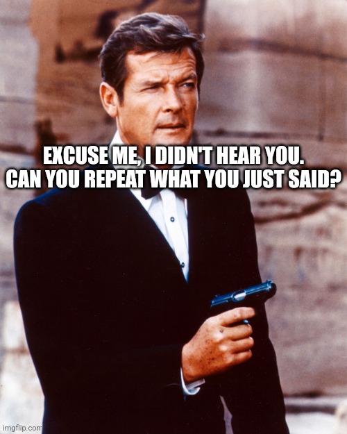 Good sir I beg your pardon | EXCUSE ME, I DIDN'T HEAR YOU. CAN YOU REPEAT WHAT YOU JUST SAID? | image tagged in james bond,roger moore,conversation,guns,i beg your pardon,memes | made w/ Imgflip meme maker