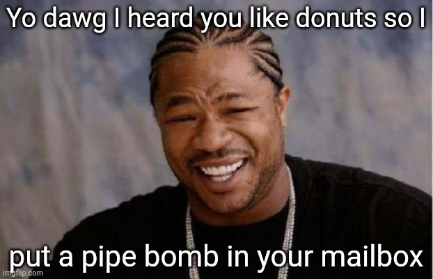 Yo Dawg Heard You | Yo dawg I heard you like donuts so I; put a pipe bomb in your mailbox | image tagged in memes,yo dawg heard you | made w/ Imgflip meme maker