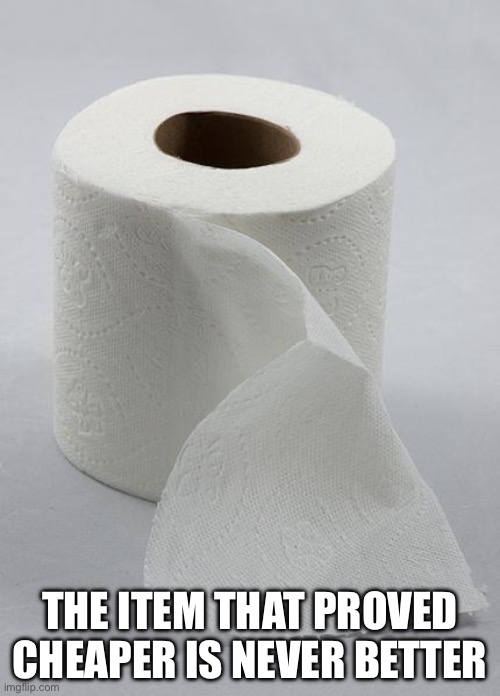 toilet paper | THE ITEM THAT PROVED CHEAPER IS NEVER BETTER | image tagged in toilet paper | made w/ Imgflip meme maker