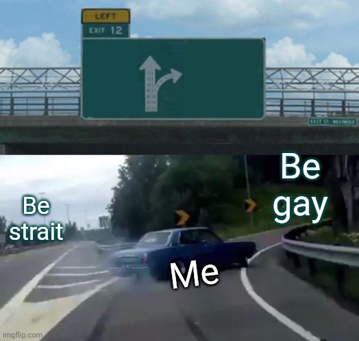 Left Exit 12 Off Ramp Meme | Be gay; Be strait; Me | image tagged in memes,left exit 12 off ramp | made w/ Imgflip meme maker