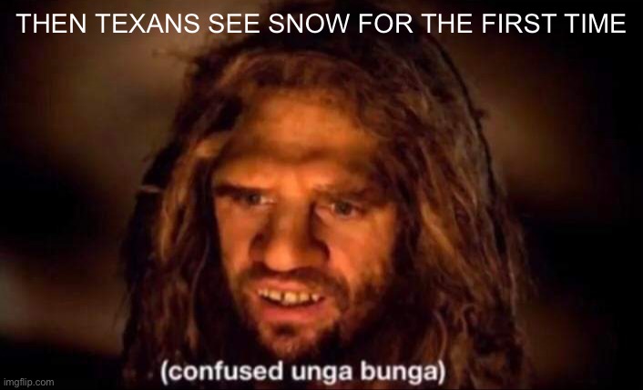 Texas never gets snow | THEN TEXANS SEE SNOW FOR THE FIRST TIME | image tagged in confused unga bunga | made w/ Imgflip meme maker