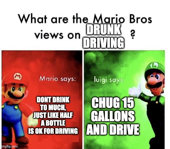 Drunk driving | DRUNK DRIVING; DONT DRINK TO MUCH, JUST LIKE HALF A BOTTLE IS OK FOR DRIVING; CHUG 15 GALLONS AND DRIVE | image tagged in mario bros views | made w/ Imgflip meme maker