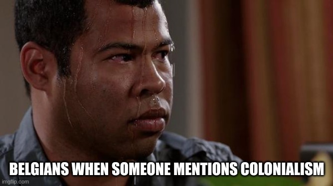 They did evil things | BELGIANS WHEN SOMEONE MENTIONS COLONIALISM | image tagged in sweating bullets | made w/ Imgflip meme maker