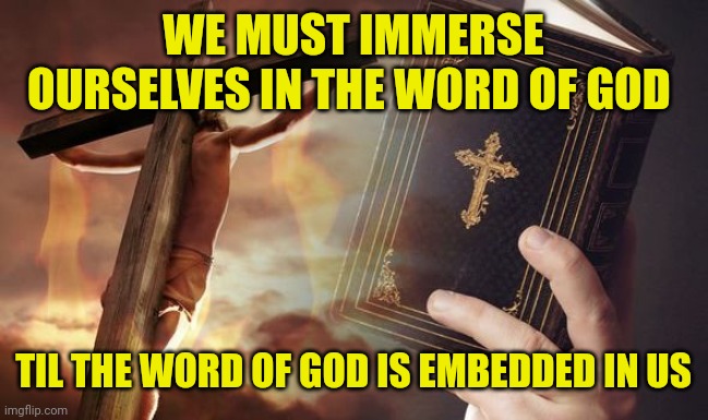 Jesus Cross Bible | WE MUST IMMERSE OURSELVES IN THE WORD OF GOD; TIL THE WORD OF GOD IS EMBEDDED IN US | image tagged in jesus cross bible | made w/ Imgflip meme maker