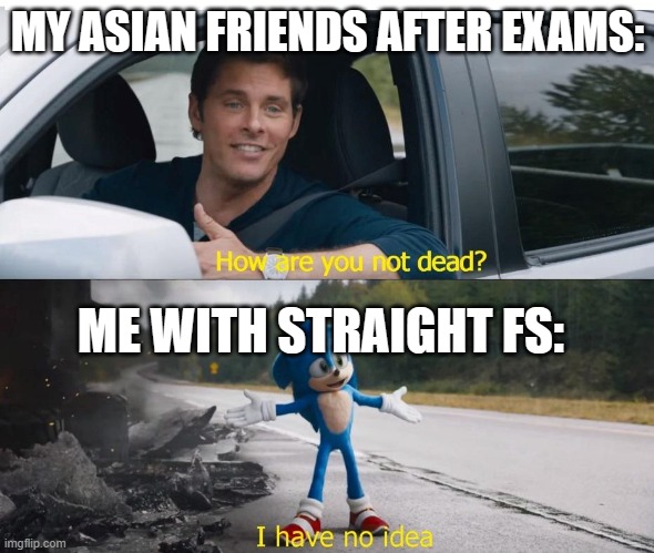Meme | MY ASIAN FRIENDS AFTER EXAMS:; ME WITH STRAIGHT FS: | image tagged in sonic how are you not dead | made w/ Imgflip meme maker
