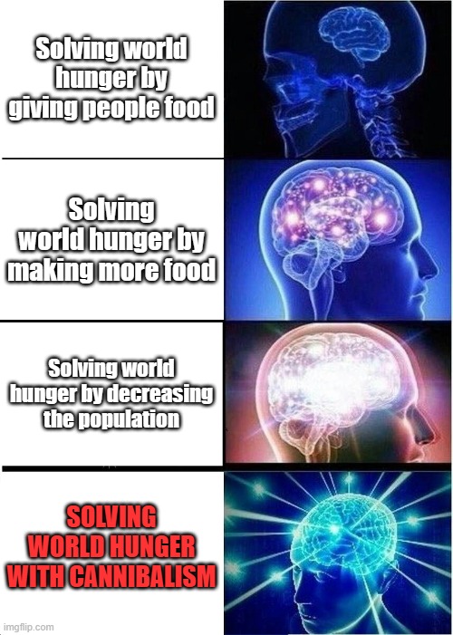 Expanding Brain | Solving world hunger by giving people food; Solving world hunger by making more food; Solving world hunger by decreasing the population; SOLVING WORLD HUNGER WITH CANNIBALISM | image tagged in memes,expanding brain | made w/ Imgflip meme maker