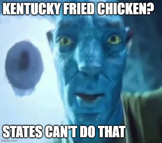 Kms the text tried doing the same thing | KENTUCKY FRIED CHICKEN? STATES CAN'T DO THAT | image tagged in avatar guy | made w/ Imgflip meme maker
