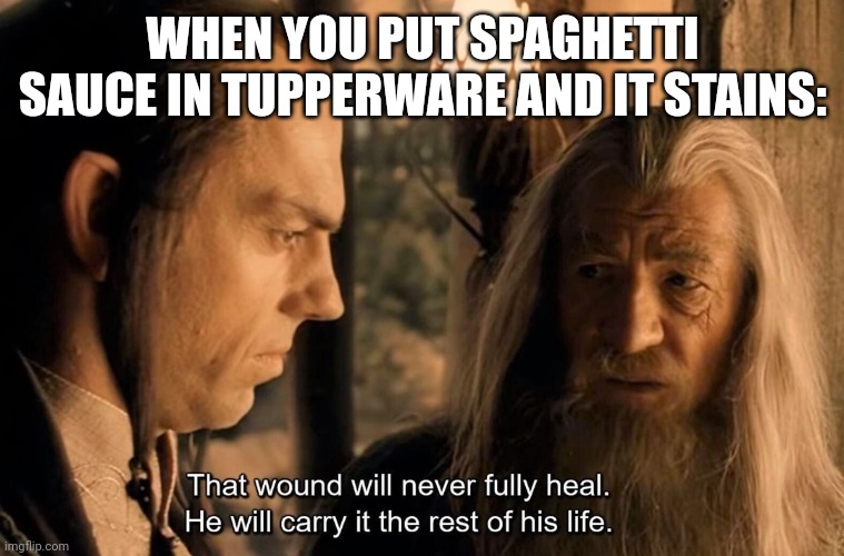 Every time | WHEN YOU PUT SPAGHETTI SAUCE IN TUPPERWARE AND IT STAINS: | image tagged in that wound will never fully heal | made w/ Imgflip meme maker