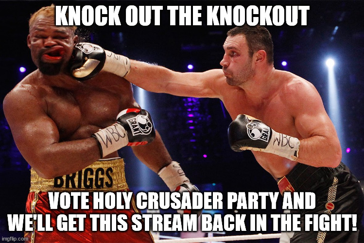 See what I did there? | KNOCK OUT THE KNOCKOUT; VOTE HOLY CRUSADER PARTY AND WE'LL GET THIS STREAM BACK IN THE FIGHT! | image tagged in knockout | made w/ Imgflip meme maker