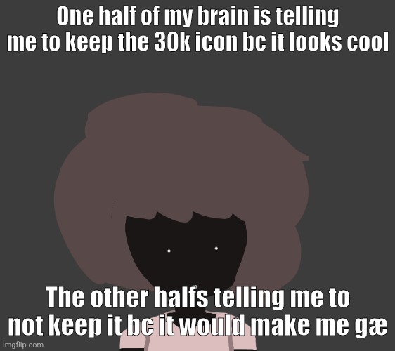 One half of my brain is telling me to keep the 30k icon bc it looks cool; The other halfs telling me to not keep it bc it would make me gæ | image tagged in qhar ben | made w/ Imgflip meme maker