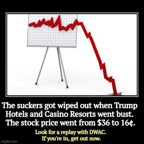 You've been put on notice. It's a trap. This is what a sell signal looks like. | The suckers got wiped out when Trump 
Hotels and Casino Resorts went bust. 
The stock price went from $36 to 16¢. | Look for a replay with D | image tagged in funny,demotivationals,trump,betrayal,disaster,kryptonite | made w/ Imgflip demotivational maker