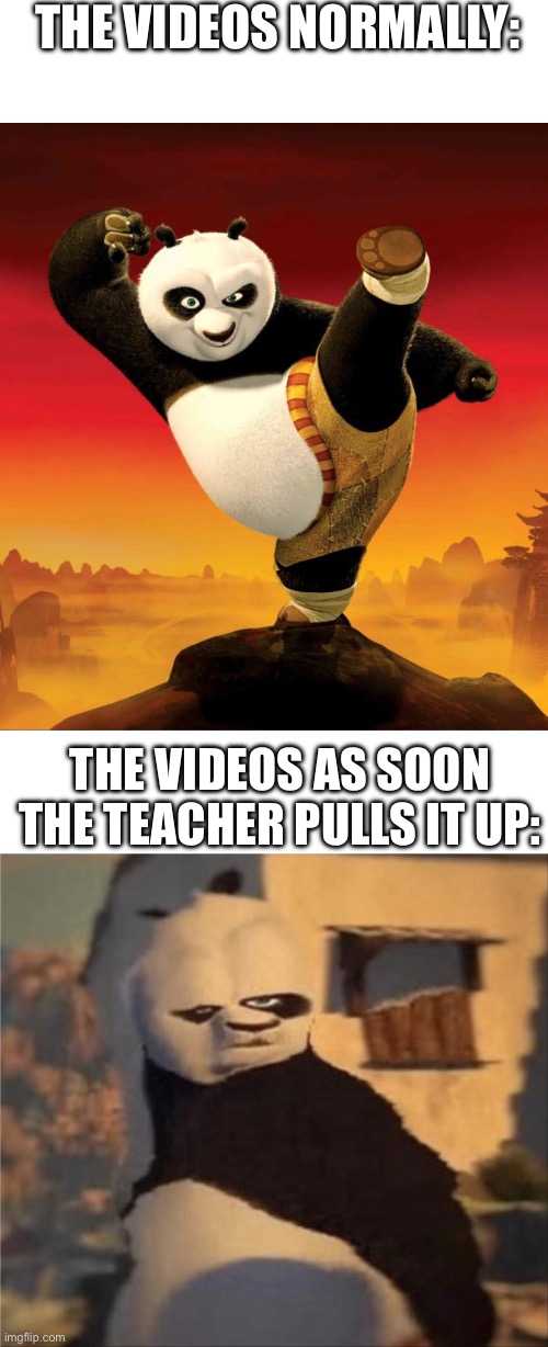THE VIDEOS NORMALLY: THE VIDEOS AS SOON THE TEACHER PULLS IT UP: | image tagged in kung fu panda,weird panda | made w/ Imgflip meme maker