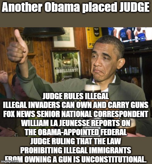 I told you they want US citizens dead. Make sure & vote dem so they can weaponize the DOJ more. | Another Obama placed JUDGE; JUDGE RULES ILLEGAL ILLEGAL INVADERS CAN OWN AND CARRY GUNS

FOX NEWS SENIOR NATIONAL CORRESPONDENT WILLIAM LA JEUNESSE REPORTS ON THE OBAMA-APPOINTED FEDERAL JUDGE RULING THAT THE LAW PROHIBITING ILLEGAL IMMIGRANTS FROM OWNING A GUN IS UNCONSTITUTIONAL. | image tagged in obama beer,nwo | made w/ Imgflip meme maker