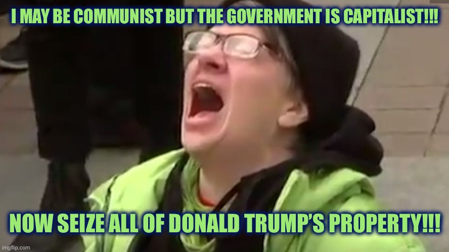 Screaming Liberal  | I MAY BE COMMUNIST BUT THE GOVERNMENT IS CAPITALIST!!! NOW SEIZE ALL OF DONALD TRUMP’S PROPERTY!!! | image tagged in triggered liberal,liberal hypocrisy,communist socialist,communism,new normal,libtards | made w/ Imgflip meme maker