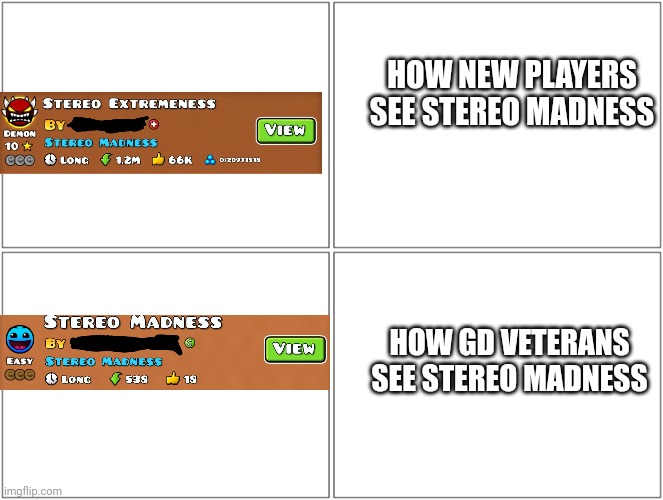 Blank Comic Panel 2x2 | HOW NEW PLAYERS SEE STEREO MADNESS; HOW GD VETERANS SEE STEREO MADNESS | image tagged in memes,blank comic panel 2x2 | made w/ Imgflip meme maker