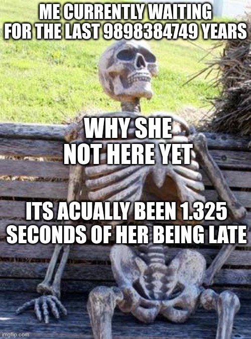 she don't like me | ME CURRENTLY WAITING FOR THE LAST 9898384749 YEARS; WHY SHE NOT HERE YET; ITS ACUALLY BEEN 1.325 SECONDS OF HER BEING LATE | image tagged in memes,waiting skeleton | made w/ Imgflip meme maker