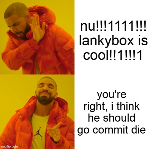 Drake Hotline Bling Meme | nu!!!1111!!! lankybox is cool!!1!!!1 you're right, i think he should go commit die | image tagged in memes,drake hotline bling | made w/ Imgflip meme maker