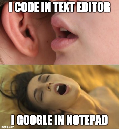 Whisper orgasm | I CODE IN TEXT EDITOR; I GOOGLE IN NOTEPAD | image tagged in whisper orgasm | made w/ Imgflip meme maker
