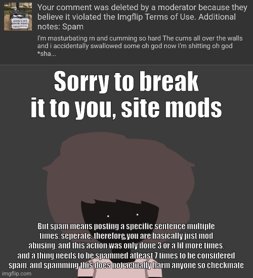 Btw i got comment banned for 8 hours because of that like bro tf | Sorry to break it to you, site mods; But spam means posting a specific sentence multiple times, seperate, therefore you are basically just mod abusing, and this action was only done 3 or a lil more times, and a thing needs to be spammed atleast 7 times to be considered spam, and spamming this does not actually harm anyone so checkmate | image tagged in qhar ben | made w/ Imgflip meme maker
