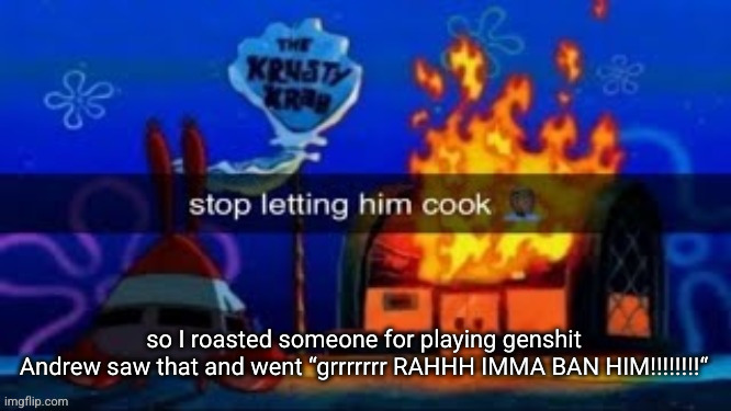 I hate being anywhere near the fun stream | so I roasted someone for playing genshit
Andrew saw that and went “grrrrrrr RAHHH IMMA BAN HIM!!!!!!!!“ | image tagged in trmplater | made w/ Imgflip meme maker