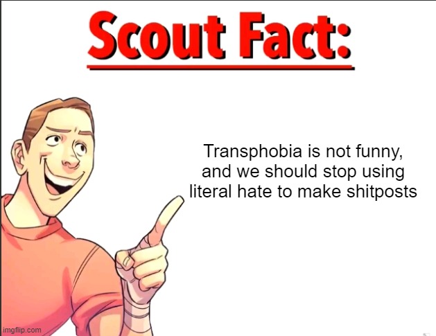 People have died because of it. | Transphobia is not funny, and we should stop using literal hate to make shitposts | image tagged in scout fact | made w/ Imgflip meme maker